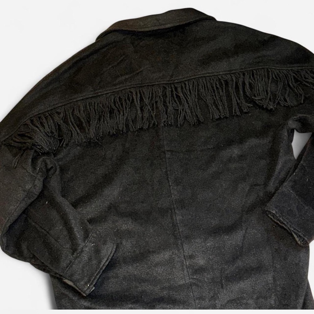 Buckle Black Fringe Wool-Blend Coat